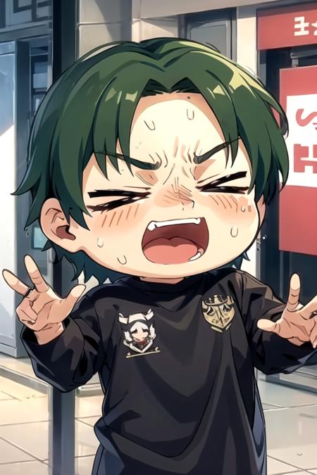 <lora:Keito-07:0.7> , keitoes, open mouth, shirt, long sleeves, closed eyes, sweat, teeth, chibi, black shirt, >_<, anger vein, handcuffs