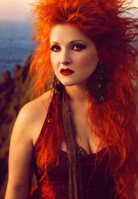 cyndi lauper 1980s, (sharp focus:1.2), photo, attractive young woman, (beautiful face:1.1), detailed eyes, luscious lips, (smokey eye makeup:0.85), (medium breasts:1.0), (athletic body:1.2), (wavy hair:1.2), wearing (maxi dress:1.2) on a (cliffside:1.2). (moody lighting:1.2), depth of field, bokeh, 4K, HDR. by (James C. Christensen:1.2|Jeremy Lipking:1.1).