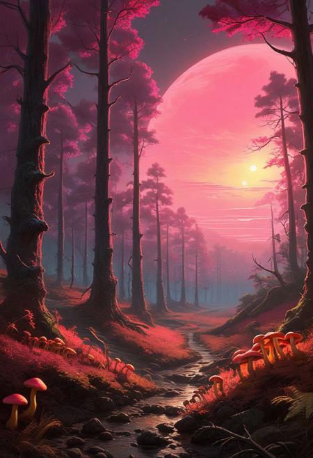 concept art painting of a forest landscape at night, with glowing red lights, glowing yellow mushrooms, dark pink sky, realistic, detailed, cel shaded, in the style of makoto shinkai and greg rutkowski and albert bierstadt and james gurney