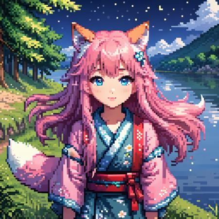 pixel art,<lora:pixel_art:0.75>,
original,(masterpiece),(illustration),(extremely fine and beautiful),(perfect details),(unity CG 8K wallpaper:1.05),(beautiful and clear background:1.25),(depth of field:0.7),(1 cute girl with (2 fox ear:0.9) and (fox tail on the back:1.2) stands aside the river:1.15),child,yong,cute anime face,(cute:1.3),(detailed beautiful eyes:1.3),(beautiful face:1.3),silver hair,silver ear,(pink hair:0.7),(pink ear:0.7),long hair,(japanese kimomo:1.25),(hair blowing with the wind:1.1),(blue eye:1.1),(little girl:1.1),butterflys flying around,(moon light:0.6),tree,(summer),(night:1.2),(close-up:0.35),(gloves:0.8),solo,