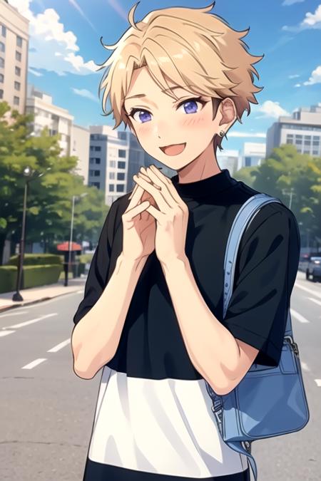 <lora:ArashiNarukami-03:0.75> ,arashi, solo, blush, smile, short hair, open mouth, blue eyes, blonde hair, shirt, 1boy, jewelry, purple eyes, upper body, male focus, earrings, outdoors, sky, day, cloud, bag, blue sky, black shirt, sparkle, :3,own hands together, building, shoulder bag, city