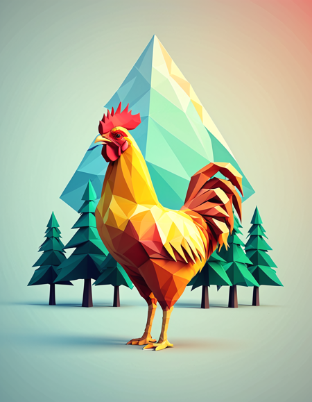 polygon style, low-poly animal, angular shape, 
geometric rooster, 
clean polygon edges, symmetrical design, digital art, 
 <lora:Polygon_Lora_XL:1>
polygonal sunset background, stylized trees, geometric leaves, minimal mist