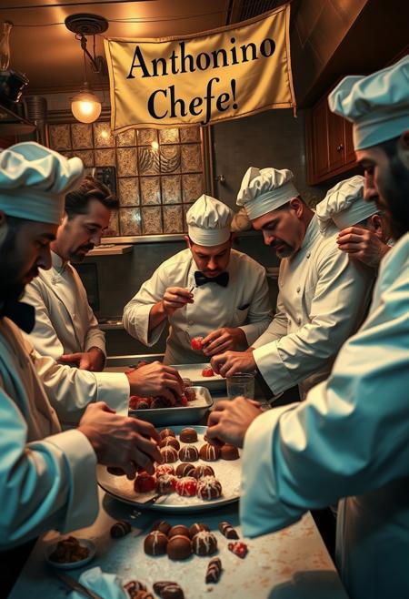 “In a high-end restaurant kitchen, a group of skilled thieves disguised as gourmet chefs work in a chaotic yet elegant environment. They expertly prepare decadent candies laced with stolen secrets and rare ingredients. The chefs whisper plans for future heists as they mold the sweets, their fingers stained with sugar and mischief. The kitchen is filled with an air of culinary mastery, but beneath it all, the thieves’ true intentions are hidden. The image includes a banner with the text ‘Antonino Sbaffavacciuolo Chef’ hanging above the kitchen.”