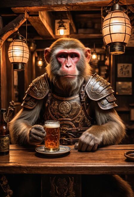 fantasy anthropomorphic a (japanese-macaque) (warrior: 1.19) (leather armor) in dark japanese-tavern holding a pint of ale in a cozy environment with gas lamps oriental japanese-woodworking warm brick fireplace and (paper windows) (japanese-style-architecture)
