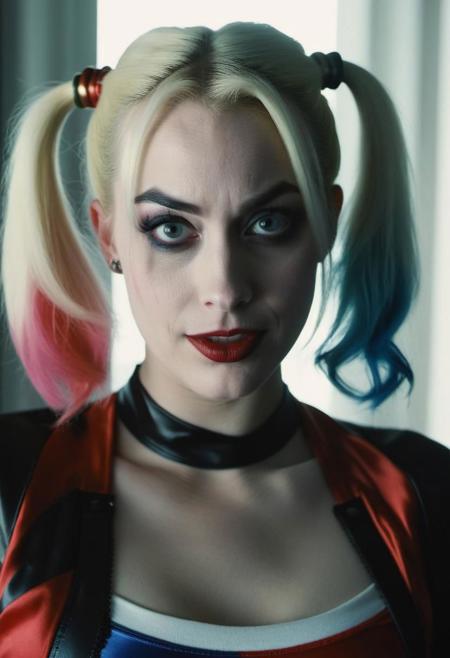 high quality, cinematic, woman, Harley Quinn, at home, close shot, feeling fine mood