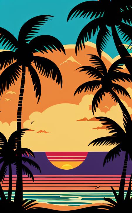 Abstract style tropical vector illustration of sunset on the beach, in the style of Dan Mumford, vintage aesthetics, compositions inspired by nature, dark and gloomy landscapes, tropical landscapes . Non-representational, colors and shapes, expression of feelings, imaginative, highly detailed