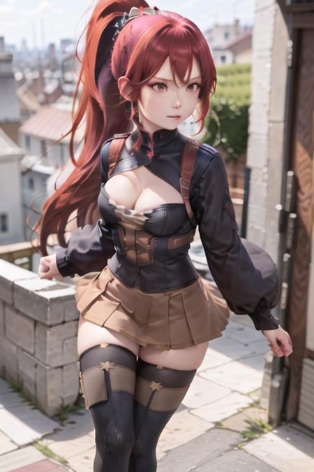 Milly\(milly)\,1girl, solo, medium breasts, hair ornament, thighhighs, long sleeves,  navel, cleavage, pleated skirt, boots, black thighhighs, (city), (ponytail:1.2), red eyes, ultra detailed <lora:Milly_The_Aristocrat_s_Otherworldly_Adventure_Serving_Gods_Who_Go_Too_Far-000014:1>