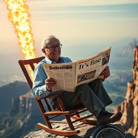 Old man wearing glasses sitting in rocking chair on edge of cliff and reading newspaper with cover title "It's fine", (((a meteorite crashing behind him with intense long fire streak))), happy, sunny, warm hues, realistic, photorealism, hd, 8k, high definition, score_9, score_8_up, score_7_up, score_6_up,