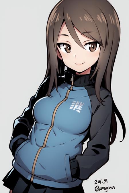 <lora:mika_Loha:0.7>,  mika (girls und panzer), 1girl, solo, keizoku military uniform, jacket, brown eyes, hands in pockets, military, looking at viewer, raglan sleeves, brown hair, military uniform, track jacket, long hair, blue jacket, no headwear, uniform, long sleeves, standing, bangs, dutch angle, smile, one-hour drawing challenge, pleated skirt, skirt, blue skirt, dated, miniskirt, closed mouth, emblem, upper body