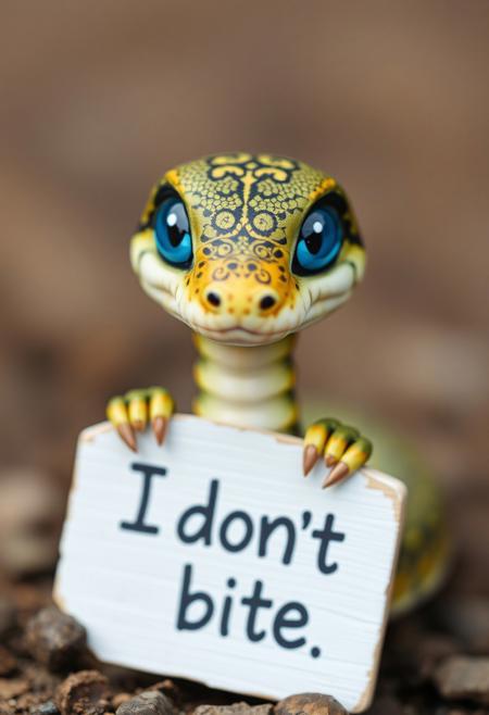 A cute small snake holding a sign that says: "I don't bite", blue eyes