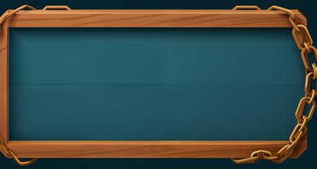 <lora:WoodenMenu_v3:0.75> old wooden rectangle with (chain:1.1), blue background