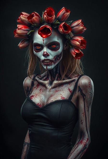 Realistic full body shot of a zombie female, woman+zombie mutation, decaying face decked out in red and black tulips. Her pale skin is cracked and peeling, revealing a gnarly zombie deciption underneath. Her fiery red eyes pop against the dark, gothic vibe. The background is a dark, moody gradient that amps up the creepy atmosphere. She's rocking a tight, black bodysuit that clings to her bony frame. The whole scene screams dark fantasy and horror.