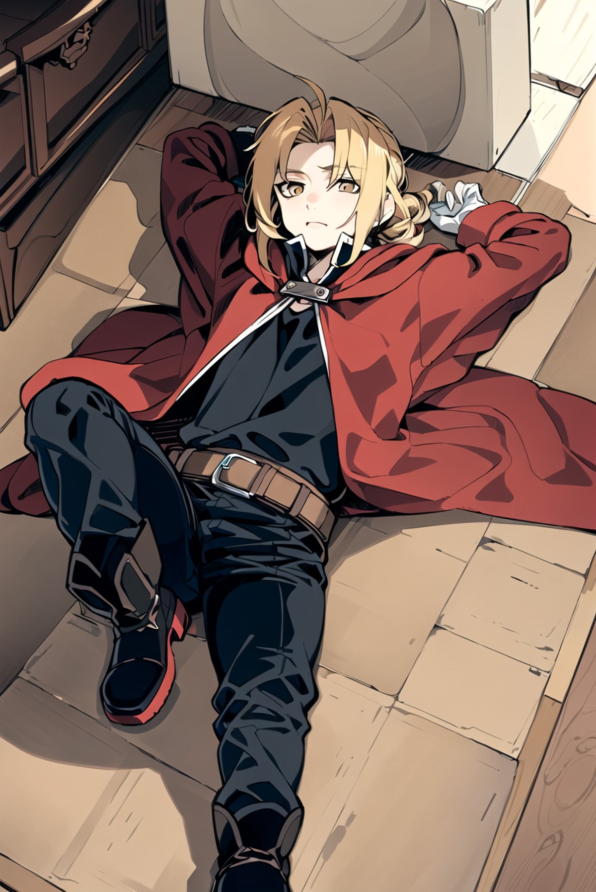 ((masterpiece,best quality, detailed)), indoors, lying, couch, on back, 1boy, edward elric, red coat, hood, boots, white g...