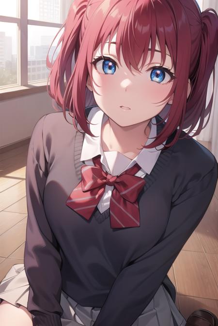 rubykurosawa, <lyco:rubykurosawa-lyco-nochekaiser:1>, 
ruby kurosawa, aqua eyes, medium hair, red hair, two side up, twintails, (flat chest:1.2), 
BREAK black socks, bow, bowtie, brown footwear, buttons, grey sailor collar, grey skirt, loafers, long sleeves, miniskirt, pleated skirt, sailor collar, school uniform, serafuku, shirt, shoes, skirt, uranohoshi school uniform, white shirt, winter uniform, yellow bow, yellow bowtie,
BREAK looking at viewer, 
BREAK indoors, classroom, 
BREAK <lyco:GoodHands-beta2:1>, (masterpiece:1.2), best quality, high resolution, unity 8k wallpaper, (illustration:0.8), (beautiful detailed eyes:1.6), extremely detailed face, perfect lighting, extremely detailed CG, (perfect hands, perfect anatomy),