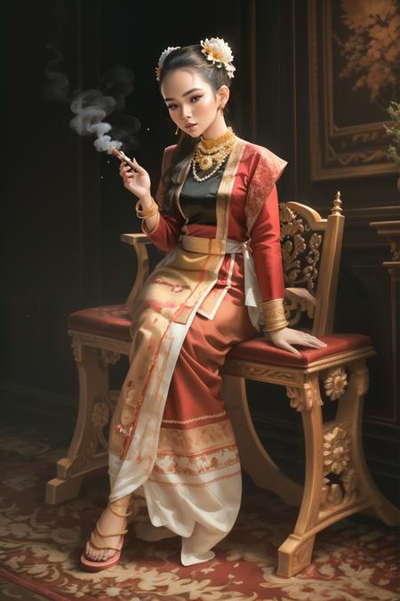mmTD burmese patterned traditional dress pearl necklaces and gold bracelets black single bun hair with flower holding a cheroot cigar
