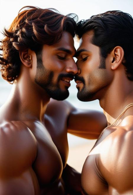 Two Indian men in an intimate embrace, their bodies intertwined in a passionate display of affection. The scene is bathed in warm, soft light that casts a glow over their tan skin, emphasizing the muscles and curves of their bodies. The man on the left has long, wavy auburn hair that falls across his shoulder and onto the other man's chest, while the man on the right has short, dark curls that frame his face. Their eyes are closed, lips parted, and expressions serene as they lose themselves in the moment. The man on the left has a slender build with defined abs and a hint of a trail of hair leading down to his groin. The man on the right is slightly taller and more muscular, his arms wrapped tightly around his partner. The background is blurred, adding to the sense of intimacy and focus on the tender embrace between the two gay men.