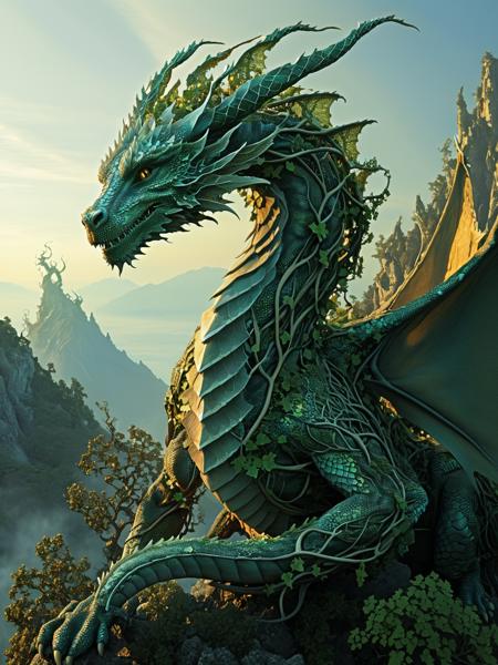 Fractalvines, A wise old dragon, its scales covered in fractal vines, perched atop a mountain peak, its eyes glowing with ancient knowledge and power. <lora:Fractal_Vines:1>  <lora:EnvyBetterHiresFixXL01:0:hr=1>