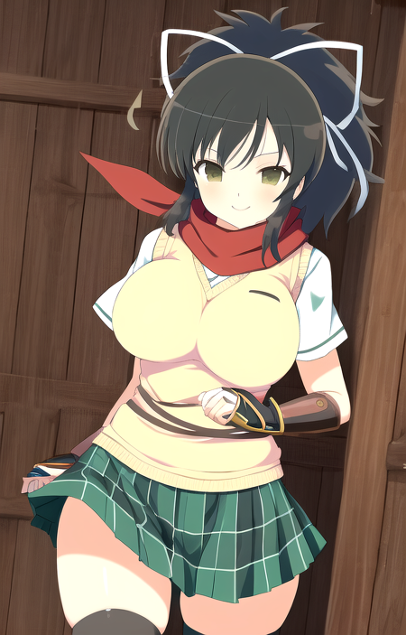 masterpiece, best quality, 
asuka_sk, asuka_kunoichi_uniform, 1girl, short hair, ponytail, large breasts, wide hips, red scarf, hair ribbon, white ribbon, arm guards, light brown sweater vest, pleated skirt, green short skirt, black thighhighs, closed mouth, smile, happy, cowboy shot, front view, wooden wall, ultra-detailed, anime, senran kagura, 8k <lora:Asuka_SK-10:1>