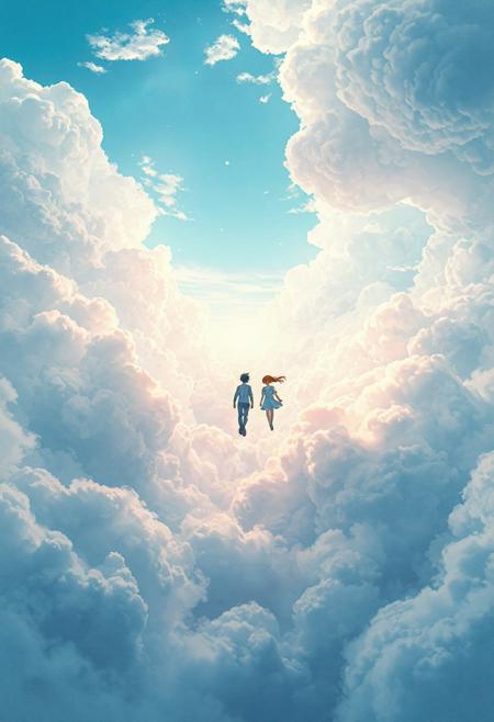 Vast anime-style sky with a massive textured cloud cover stretching across the entire scene, intricate structural cloud formations with detailed bumps and organic folds, scattered open gaps revealing patches of bright blue sky, cinematic view over a peaceful cityscape below, soft sunlight streaming through cloud breaks, pastel color palette (baby blue, soft white, light pink), highly detailed Ghibli-inspired artwork, hyper-realistic watercolor texture, dreamy and emotional atmosphere, 4K ultra-high resolution, only two anime silhouettes of a young man and a young woman gently falling side by side through the sky—their bodies angled gracefully as they descend through soft, fluffy clouds, the sole figures in the scene, in a serene, emotional moment inspired by Your Name, with rich color gradients and no other characters or objects present