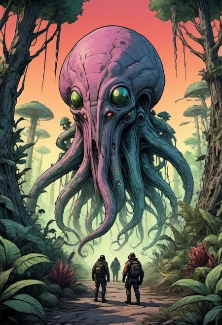 sci-fi alien planet with monstrous wild creatures tentacles chasing explorers through a lush forest of bizarre plants