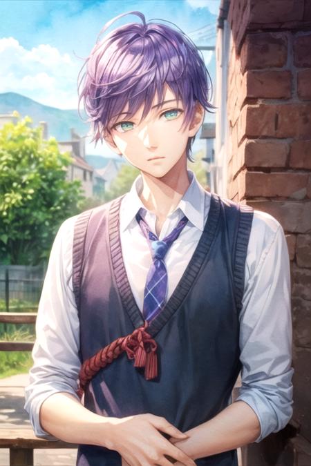 mao_saitou purple hair green eyes