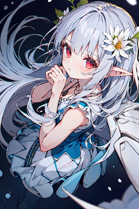 <lora:dropkun:0.8>{{masterpiece}},best quality,highly detailed,extremely detailed CG unity 8k wallpaper,illustraction, 1girl, red eyes, wavy silver hair, pointy ears, vampire, dress, necklace, hair flower, snow, ice, full body, shot,high close up, highly detailed,center frame,sharp focus, looking at viewer, floting hair,