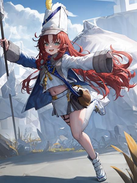 masterpiece, best quality, <lora:mtl (6):1>, Myrtleuniform, holding flag, dynamic angle, a fluttering flag, hat, multicolored background, dynamic color, colorful, effect, full body, clear sky, confident pose, open one's arms