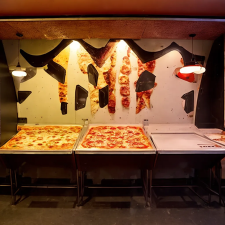 inside of a pizzeria from the 80s, multiple tables. multiple arcade line the walls,
