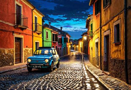 ASCIINighttime scene, dusty roads, italian-style fiat 127 car advancing through a cul-de-sac italian quarter, wooden single-storey self-made houses frame the street, chiaroscuro effect, digital painting, silhouetted figures, moody atmosphere, warm and cool color contrast, masterpiece by van gogh, 4k textures, ultra detailed