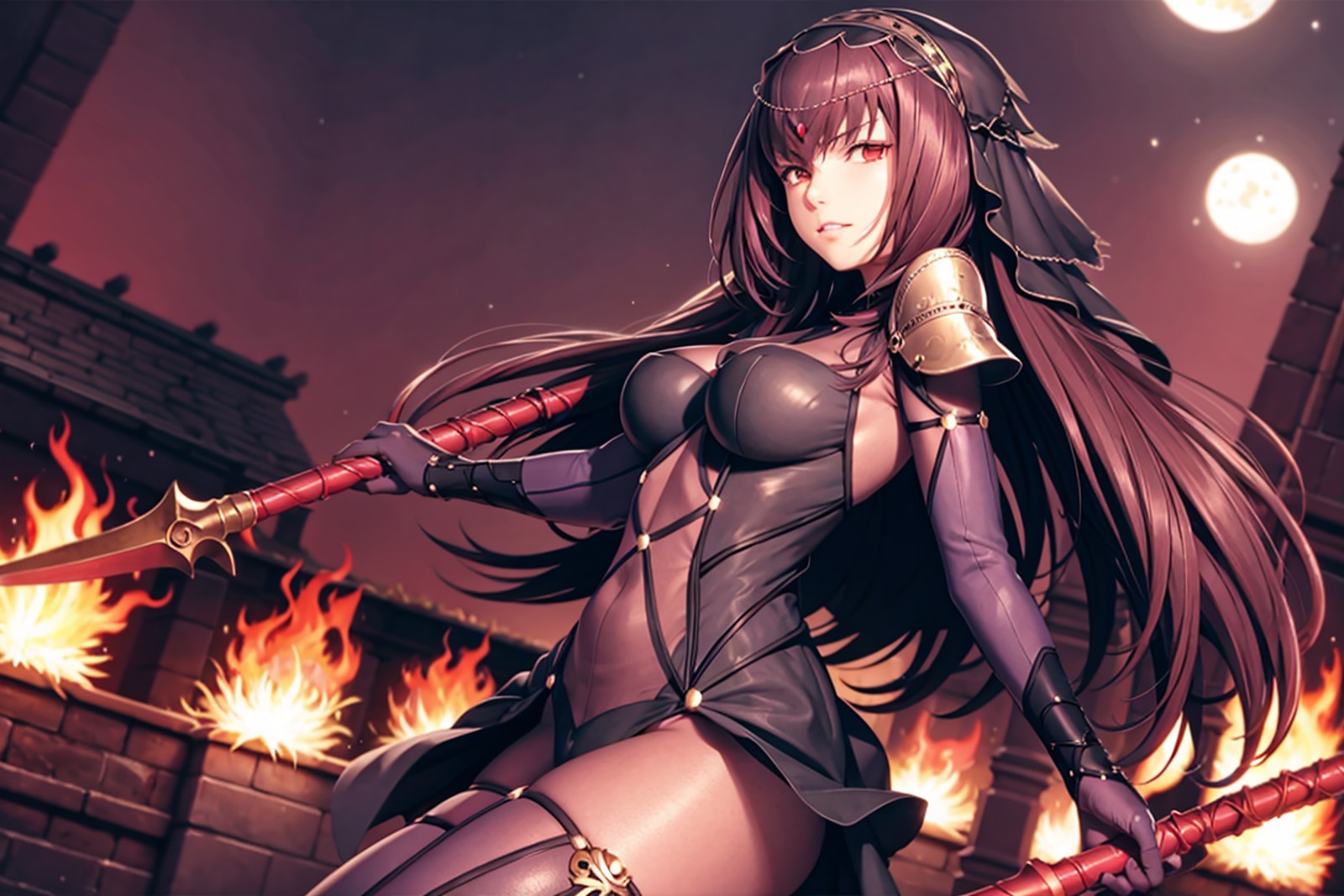 masterpiece, best quality,1girl,scathackl2, weapon, polearm, breasts, spear, gae bolg (fate), fire, holding, pauldrons, lo...