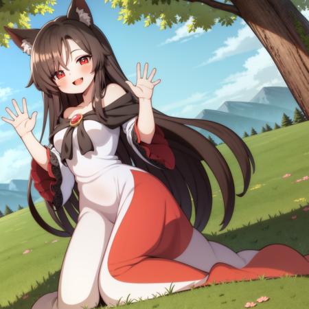 <lyco:bori_v2-000015:unet=0.8:te=0> <lora:kagerou_v8-000012-32rank:1> best quality, highly detailed, 1girl, solo, imaizumi kagerou, (wolf tail, tail:1.2), animal ear fluff, animal ears, bangs, bare shoulders, blush, brooch, brown hair, dress, frilled sleeves, frills, gem, jewelry, medium breasts, long hair, long sleeves, multicolored clothes, multicolored dress, off-shoulder dress, off shoulder, parted bangs, red eyes, red gemstone, sidelocks, wide sleeves, wolf ears, wolf girl, smile, full body, waving
BREAK
flowering clover meadow, forest, countryside