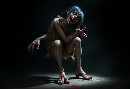 A full-body character portrait viewed from the knees up, set against a dark, shadowy background with ample negative space around the figure, illuminated by a faint, eerie backlight.
The subject is a zombie girl depicted in a slightly exaggerated and hyperbolized style. Her tattered, bloodstained clothes cling loosely to her decayed frame, while her bare feet press into the ground with unsettling realism. Her grotesquely twisted posture reveals a deeply contorted spine, creating a hunched, predatory stance.
One arm stretches forward unnaturally, claw-like fingers reaching out as if grasping for something unseen, while the other dangles stiffly at her side, motionless and lifeless. Her legs are bent inward, crouching low in a menacingly spring-loaded pose. Her head tilts unnaturally to one side, mouth gaping in a jagged, predatory snarl, revealing crumbling, rotting teeth.
Her expression is a chilling blend of confusion and mild aggression, her vacant, milky eyes staring out into the void. The gritty and raw atmosphere heightens the sense of impending danger, the dim backlight casting sharp shadows that emphasize the grotesque details of her decayed form.