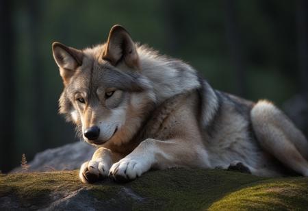 realistic, solo, wolf, cute, sleeping, light_particles, nature, mountain, depth of field, the best quality, amazing quality, high quality, masterpiece,