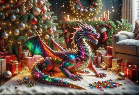 Chr457m45m3rg3D0nMN3M1C neon dragon siting next to a pile of  (colorful gems), under a Christmas tree, (living room), highly detailed clean, beautiful detailed intricate, 8K,