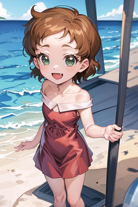 1girl, sndsuzuka, childshort hair, brown hair, green eyes, collarbone, red dress, :d, looking at viewer, standing, beach  <lora:sounanda-suzuka-000004:0.8>