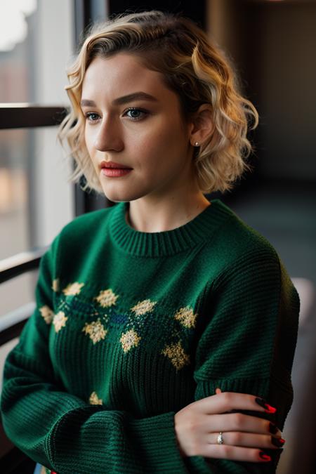 <lora:jul14g4rn3r:1>, Realistic photo of a beautiful jul14g4rn3r woman,  1girl, solo, looking at viewer, short hair, blonde hair, long sleeves, green eyes, upper body, pants, indoors, nail polish, blurry, sweater, lips, blurry background, black pants, crossed arms, curly hair, realistic, red sweater, soft lighting, professional Photography, Photorealistic, detailed, RAW, analog, sharp focus, 8k, HD, DSLR, high quality, Fujifilm XT3, film grain, award winning, masterpiece