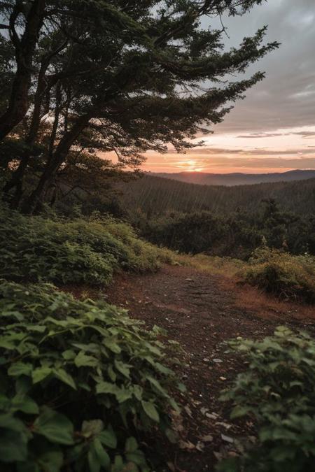 raw photo, a sunset landscape, Valdivian temperate forests, Chilean forest,  cozy, photorealistic, high detailed texture, 8k uhd, dslr, soft lighting, high quality, film grain, Fujifilm XT3, Sony A7 IV, highly detailed photography, (muted colors, cinematic, dim colors, soothing tones:1.2), vibrant, insanely detailed, hyperdetailed, (dark shot:1.2), (vsco:0.3), (intricate details:0.9), (hdr, hyperdetailed:1.2) (highest coherency: 1.39) (highest quality: 1.39) (rule of Thirds) (award winning) (breathtaking) (masterclass) (vibrant color: 0.79) (raining)