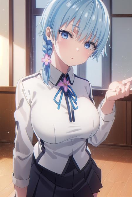 lunakusami, <lora:luna kusami s1-lora-nochekaiser:1>,
luna kusami, short hair, blue eyes, hair ornament, blue hair, flower, hair flower, braid, single braid,
BREAK skirt, long sleeves, school uniform, pleated skirt, serafuku,
BREAK indoors, classroom,
BREAK looking at viewer, (cowboy shot:1.5),
BREAK <lyco:GoodHands-beta2:1>, (masterpiece:1.2), best quality, high resolution, unity 8k wallpaper, (illustration:0.8), (beautiful detailed eyes:1.6), extremely detailed face, perfect lighting, extremely detailed CG, (perfect hands, perfect anatomy),