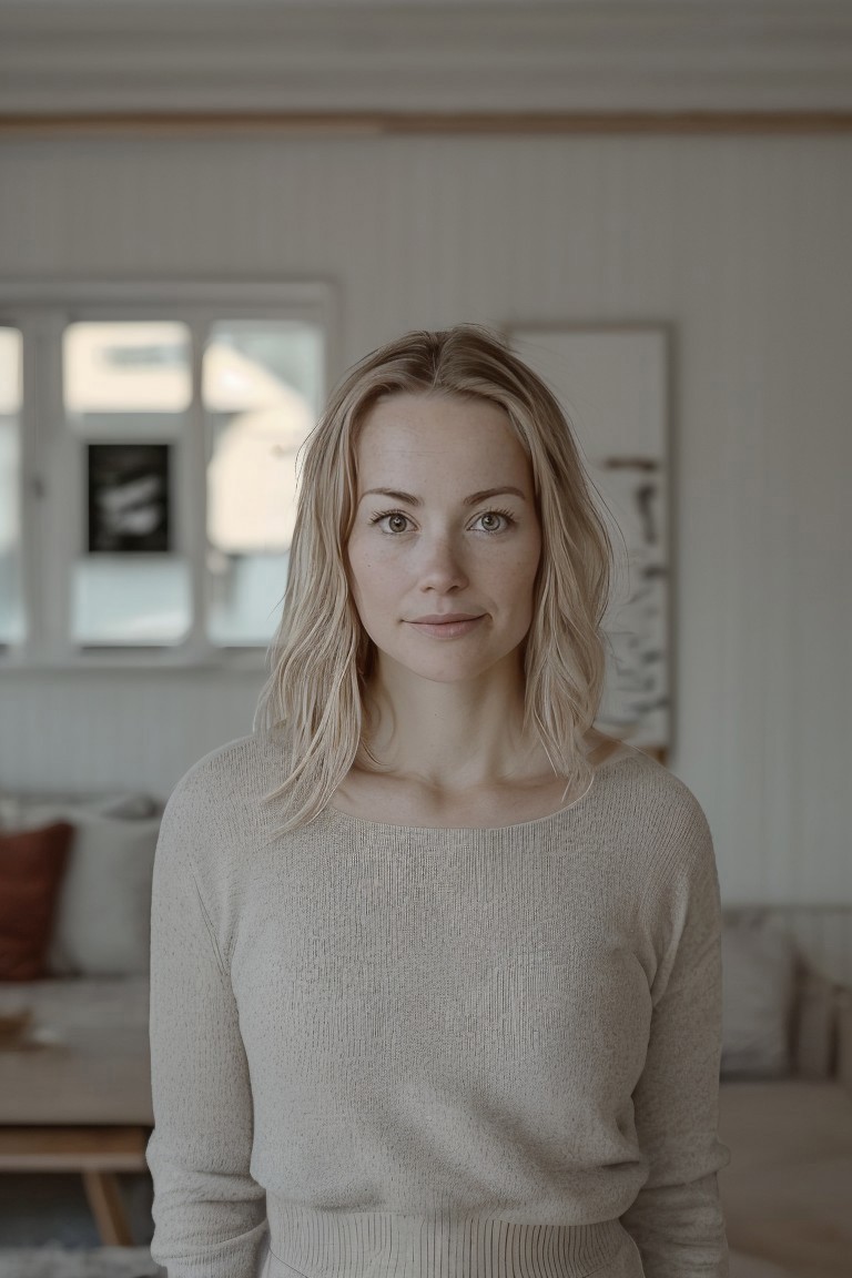 Photo, solo, 1girl, Nordic, upper body, Scandinavian, woman, cute, sharp focus, blurred background, soft lighting, natural pose, cozy interior, stylish living room, warm tones, modern furniture, depth of field, cinematic composition