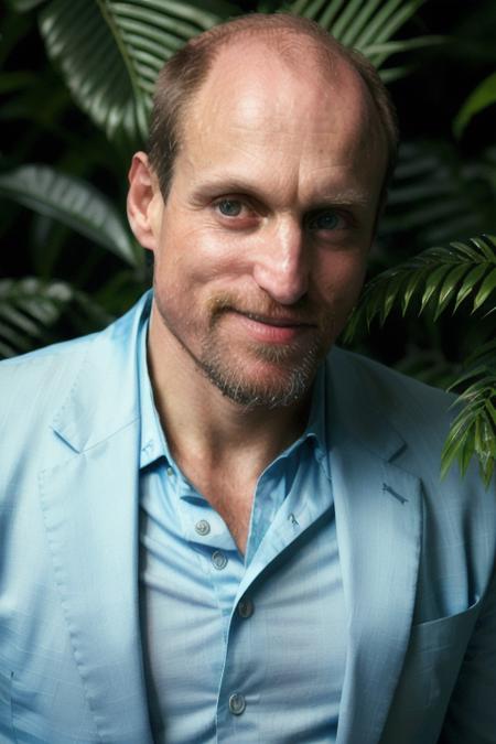 a man in center frame, masterpiece, raw, 8k, uhd, bald in a stunning blue suit, in a jungle paradise, upper body, close up, [smiling], <lora:woodyHarrelson_v2:1>