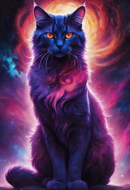 A striking silhouette of a majestic cat, merging into a cosmic background filled with vibrant colors. The scene is set against an ethereal galaxy with swirling nebulae in shades of deep purple, electric pink, and hints of blue. The cat's fur glows with a luminescent quality, emanating a soft, radiant light that enhances its features. The eyes are a captivating, fiery red, adding an intense focal point. Fractal patterns and sparkling stars are scattered throughout the background, creating a sense of depth and wonder. The overall aesthetic is hyper realistic with an otherworldly feel, blending elements of fantasy and cosmic imagery, evoking a sense of magic and intrigue.None