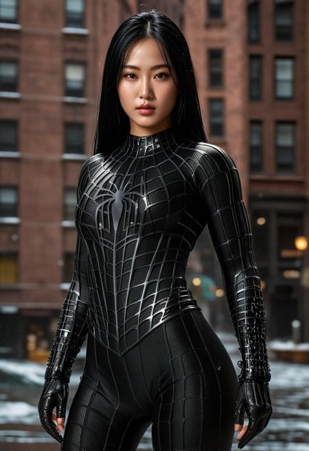 score_9, score_8_up, score_7_up, best quality, realistic, masterpiece, beautiful detail, hyperrealistic, ((1girl, woman body, big breasts)), amazing detailed full body of a cute korean girl, cute face, wearing a realistic and highly detailed black raimi spider-man suit, ((huge muscular girl)), professional model wears ultra - detailed black raimi spider - man suit, ultra - detailed and grained black raimi spiderman suit, suit covered entire body and hand, black spiderman gloves, wet, close up face, black hair, variation pose, octane render, highly detailed, volumetric, dramatic lighting, (highest quality:1.1), (HDR:1.3), (top quality, best quality), realistic, high definition, masterpiece, 8k, best quality, best illumination, best shadow, an extremely delicate and beautiful, finely detail, depth of field, classic, highres, perfect lighting,