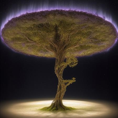 “In a single still frame, show a towering, bio-luminescent mangrove tree rising from crystalline waters that refract intricate fractal patterns onto massive, translucent petals above. Within each petal, nested micro-worlds mirror shifting auroras and drifting spores. Shimmering vines, encrusted with ornate shells and pearls, coil among swirling mist lit by diffuse golden sunlight. Every surface is textured with hyper-detailed engravings, revealing subtly hidden glyphs and impossible, non-Euclidean geometry—an otherworldly fusion of lush nature and arcane complexity.”