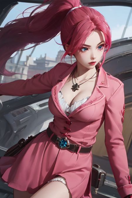 WuFengDonghua, 1girl, solo, blue eyes, skirt, pink dress, cleavage, medium breasts, ponytail, pink hair, red hair, belt, necklace, gloves, long sleeves, buttons, 