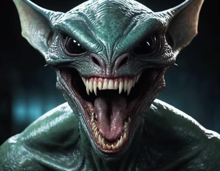 ugly alien showing teeth, sharp teeth, solo, horror (theme), realistic, open mouth, slit pupils, no humans, monster, looking at viewer, pointy ears, black eyes, colored skin, , blurry, scales,  <lora:add-detail-xl:1>