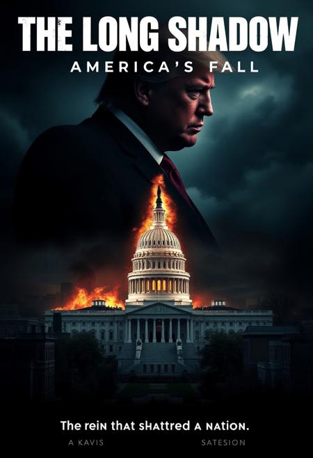 a movie poster for the movie Titled: "The Long Shadow: America’s Fall"
Trump’s looming silhouette over a burning Capitol building, with crumbling streets below and darkened skies. The tagline: "The reign that shattered a nation."