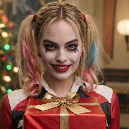 (ohwx woman)   <lora:margot_lora_sdxl_v1:1>  as harley quinn, receiving a gift, wicked smile, seducing, cinematic shot, Hyperdetailed Photography, best quality, masterpiece,  4k, HDR, <lora:add-detail-xl:1>