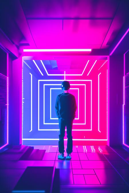 a person standing in a room with neon lights , solo, black hair, 1boy, standing, male focus, outdoors, from behind, building, scenery, city, facing away, dark, pink theme, purple theme, neon lights  , cyberspace_background