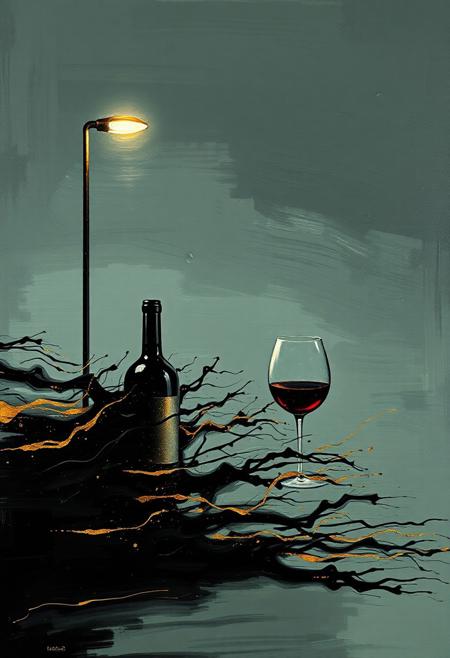 A hyper-stylistic, extremely detailed image depicts a breathtaking painting, crafted from a combination of smeared greyish green, black and gold metallic paint. A wine bottle and glass of wine is next to a lone street light at night is captured in a streaked motion, as if it is moving rapidly in one direction. The black paint is applied in bold, dynamic strokes, creating a sense of energy and movement that is contrasted beautifully by the golden accents. The gold paint is used to highlight the figure and street lights features, adding a sense of depth and dimensionality to the image. The overall effect is one of breathtaking, surreal dynamism, as if the viewer has captured a fleeting moment in time. Every detail of the image is meticulously crafted, from the delicate, swirling patterns of the gold paint to the intricate, textured patterns of the black paint. The contrasts between light and dark, color and texture, create a sense of tension and energy that draws the viewer in, inviting them to explore the kinetic world of the painting. highest-Quality, intricate details, visually stunning, Masterpiece