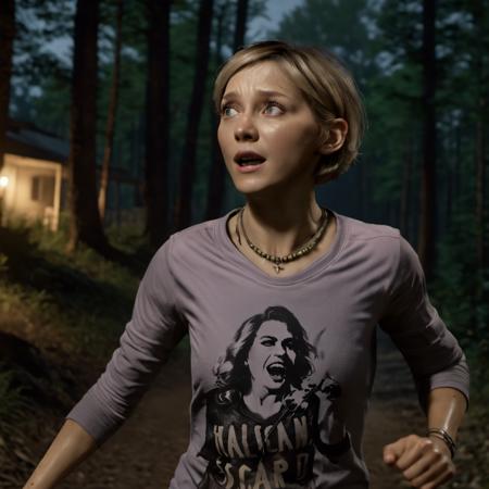 masterpiece, best quality, high quality,
(realistic photo:1.5) of (Sarah:1.2), short hairs, blonde hairs, necklace, wearing pajamas, long-sleeved shirt, focus on face,
in a realistic forest, by night, (running fast, running away scared, dynamic pose:1.5), cinematic style, looking back,  in the darkness,
<lora:sarah_tlou_sdxl_v1-000085:1>